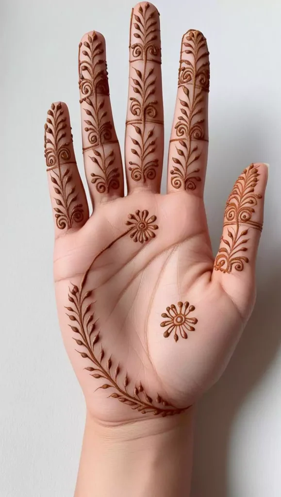 Elegant front-hand mehndi with bold floral designs and intricate detailing