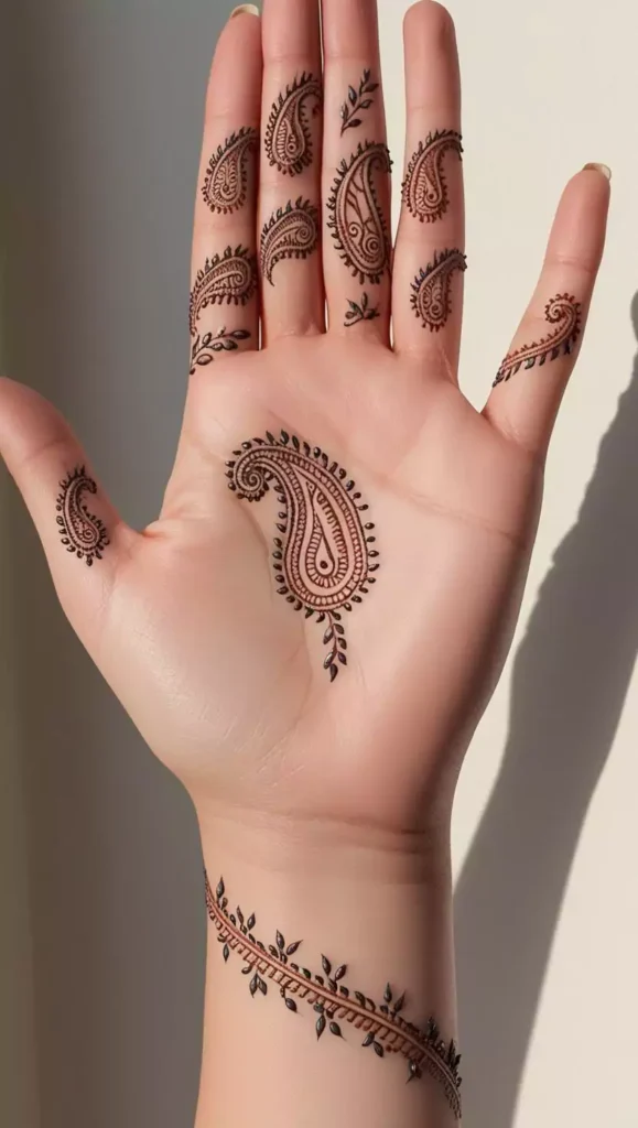 Elegant front-hand mehndi with bold floral motifs and symmetrical patterns