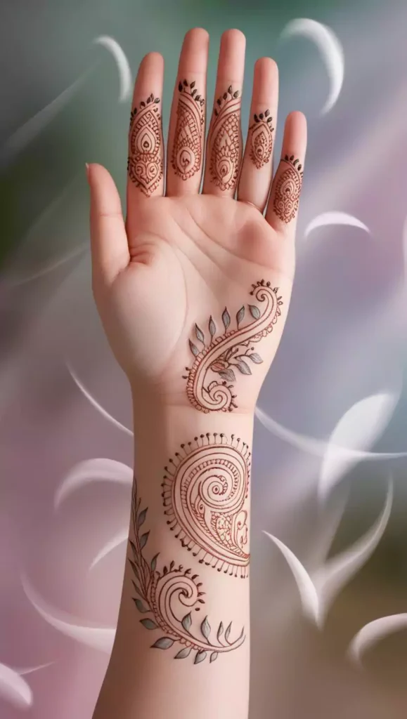 Front-hand mehndi with a delicate combination of curves, floral patterns, and fine lines