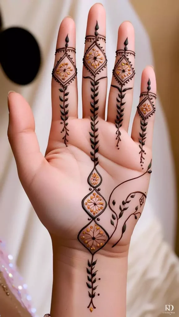 Elegant front-hand mehndi with intricate floral motifs and fine line details