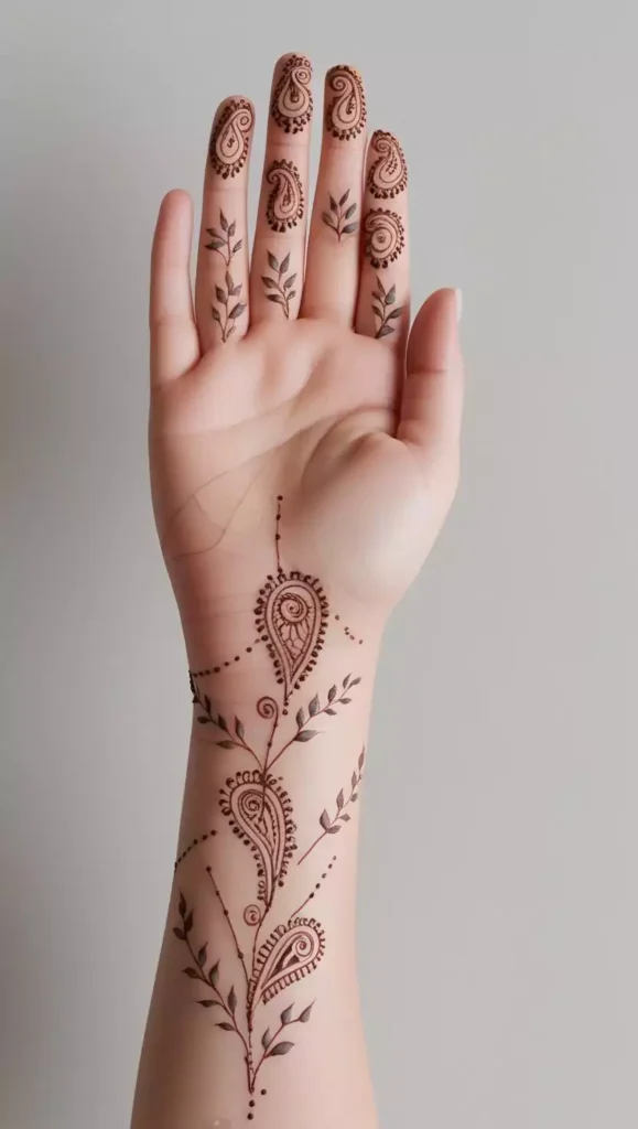 Elegant front-hand mehndi design with intricate lace-like patterns and fine detailing