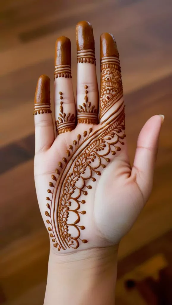 Detailed and elegant front-hand mehndi featuring fine line work and circular motifs