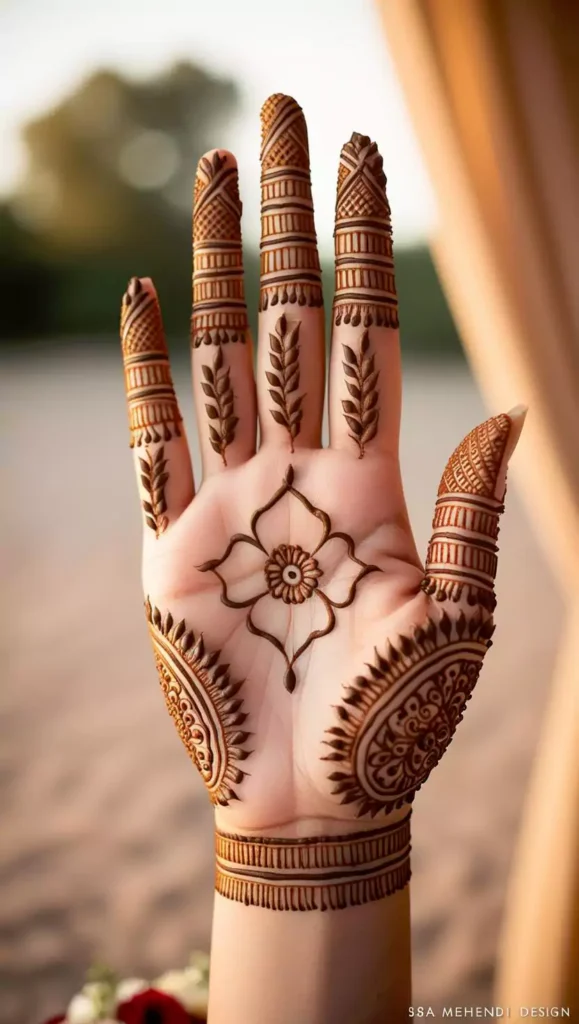 Classic elegant front-hand mehndi with ornate floral and paisley patterns