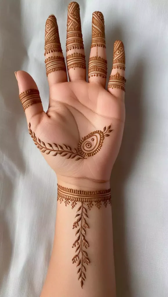 Floral front-hand mehndi design featuring large flower motifs and curved lines