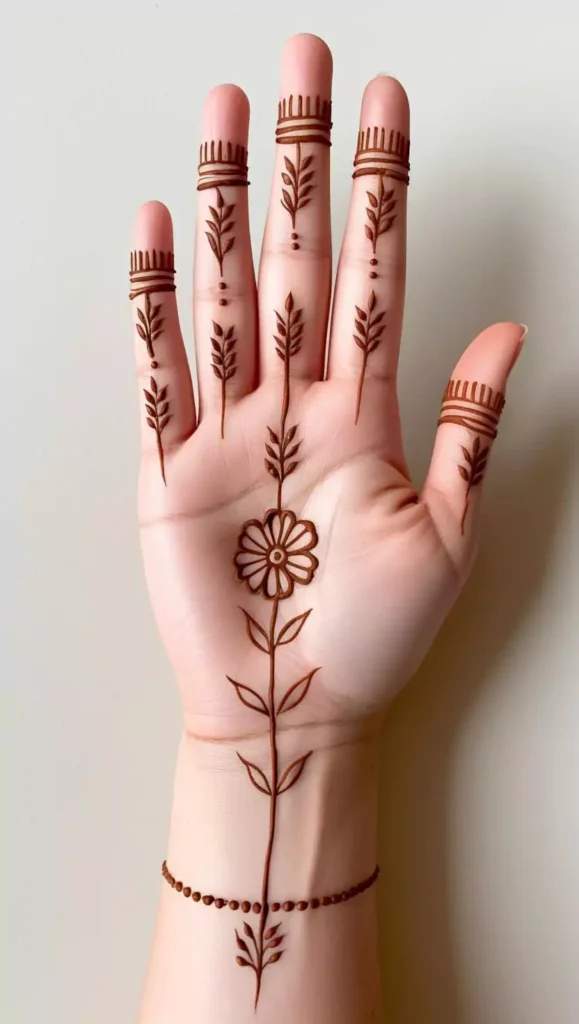 Front-hand mehndi with elegant floral designs and leaf accents