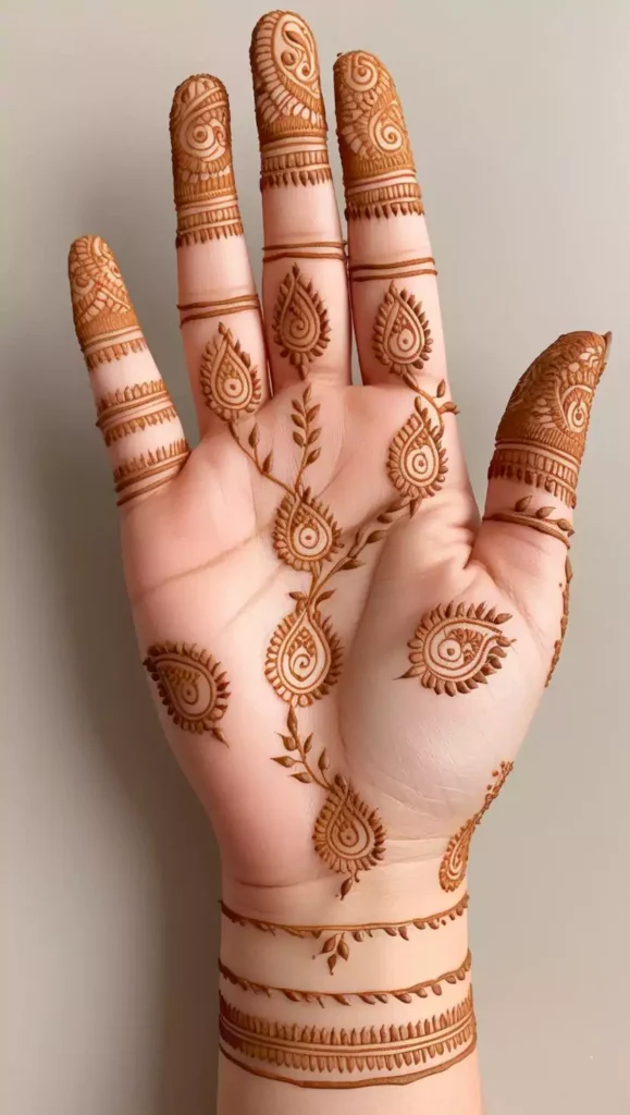 Elegant floral front-hand mehndi with detailed petal and vine patterns