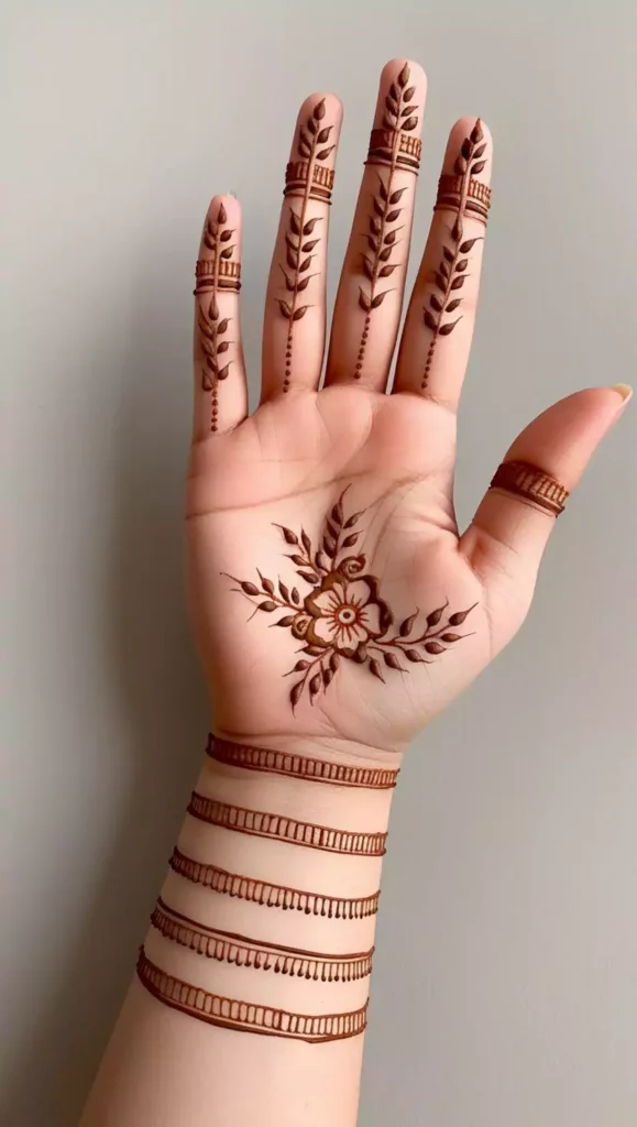 Front-hand mehndi featuring bold floral motifs with intricate line work