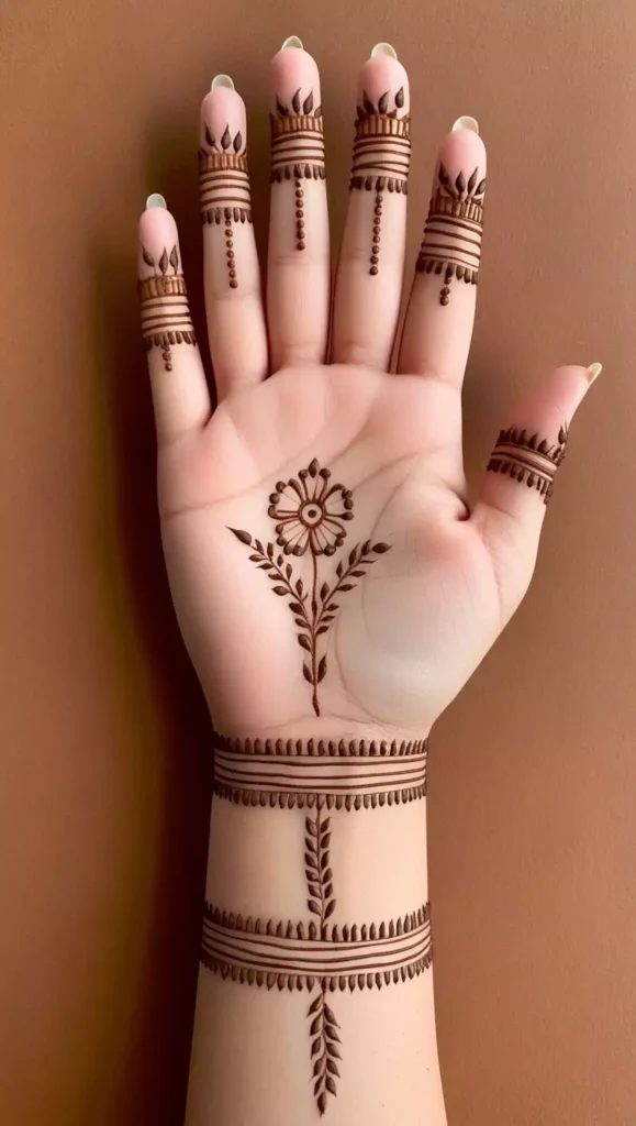 Front-hand mehndi with vibrant floral designs and detailed leaf accents