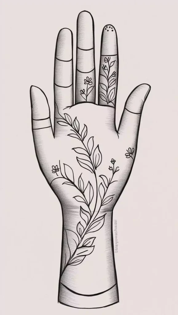Floral front-hand mehndi with intricate flower and leaf patterns, covering the hand