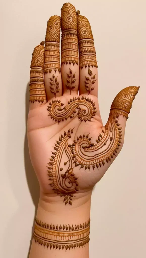 Light and airy front-hand mehndi design featuring leafy patterns and thin strokes
