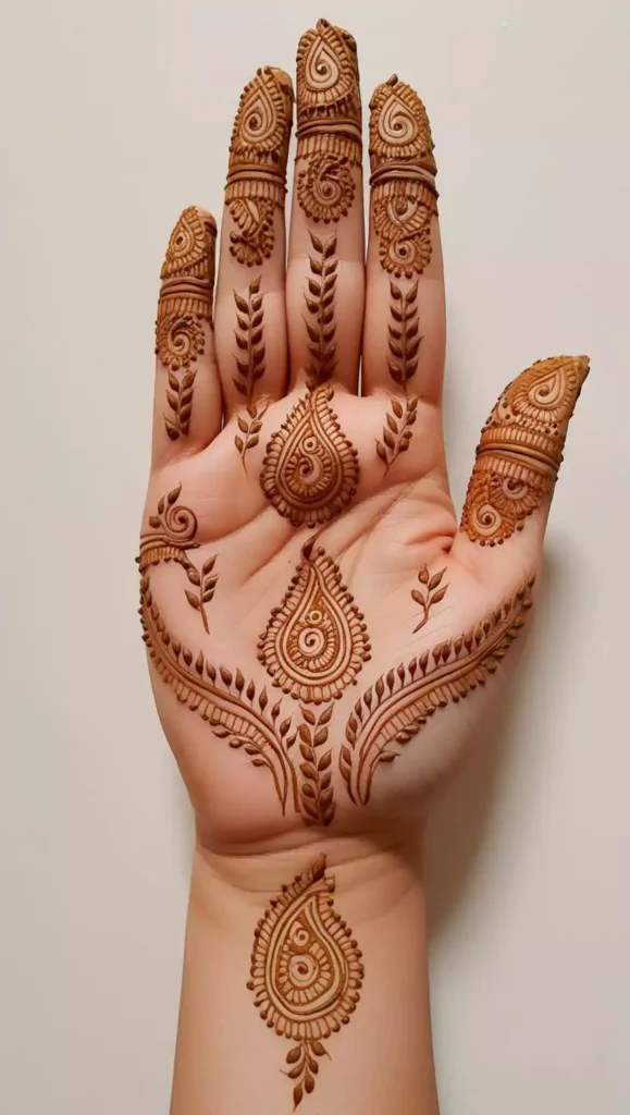 Simple front-hand mehndi design with a combination of geometric and floral patterns