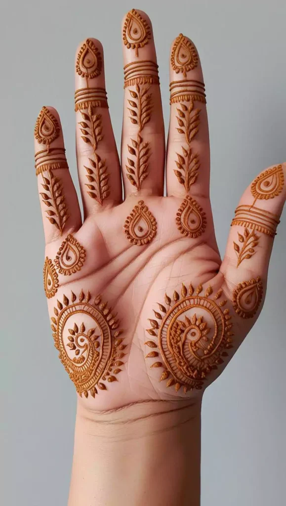 Front-hand mehndi design with clean and neat lines, featuring a delicate floral pattern