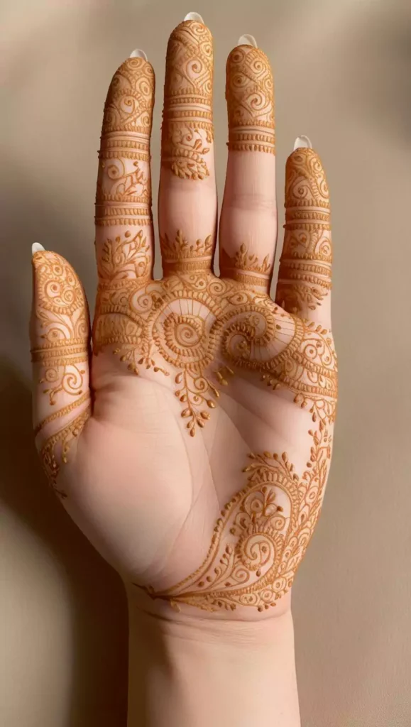 Front-hand mehndi with simple curved lines and light floral touches