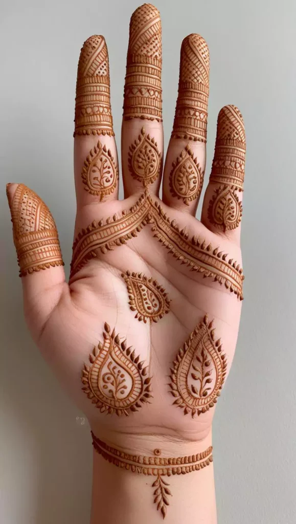 Simple front-hand mehndi design with dotted patterns and flowing curves