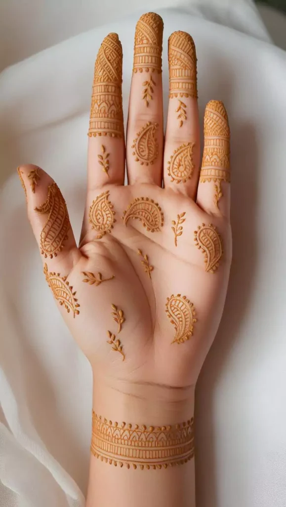 Elegant front-hand mehndi with symmetrical patterns and intricate detailing