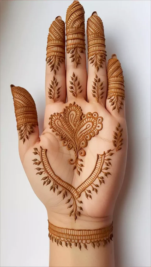 Light front-hand mehndi design with minimal patterns and a modern twist