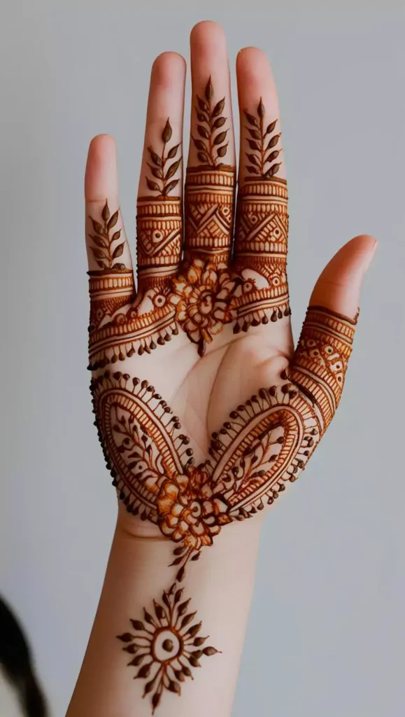 Front-hand mehndi design with a combination of traditional motifs and minimalistic style