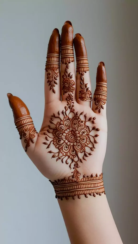 Delicate and simple front-hand mehndi design with floral motifs