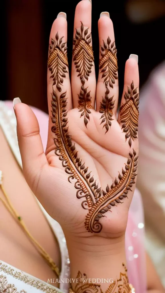 Front-hand mehndi featuring fine, intricate patterns and thin lines