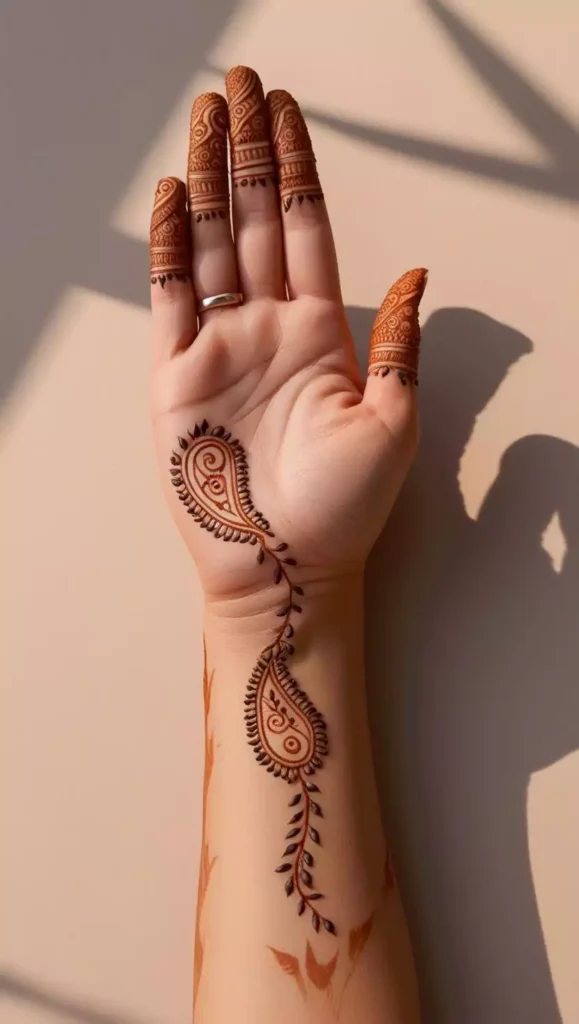 Minimalist front-hand mehndi design with a unique geometric pattern