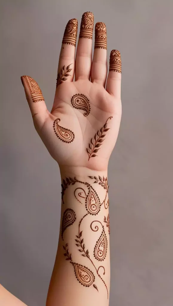Front-hand mehndi design with a delicate blend of flowers and swirls