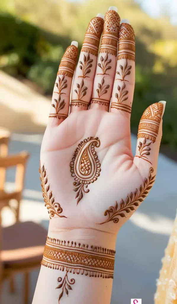 Front-hand mehndi design with light, flowing strokes and floral accents