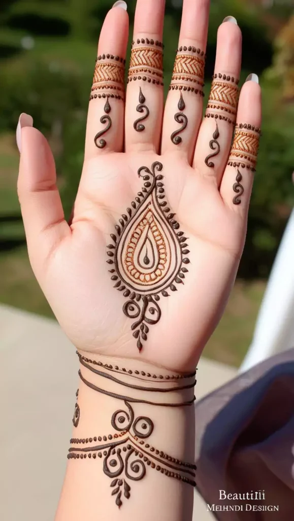 Front-hand mehndi featuring fine, symmetrical patterns with a bold central motif