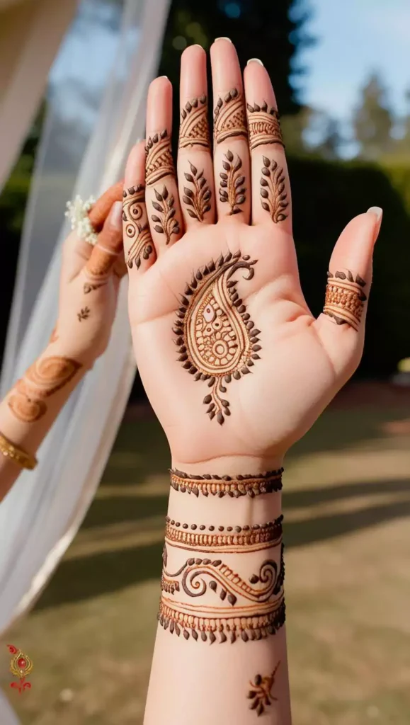 Subtle front-hand mehndi design with geometric shapes and floral accents