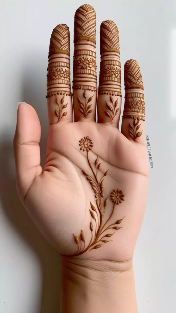 Geometric front-hand mehndi design with sharp lines and angular patterns