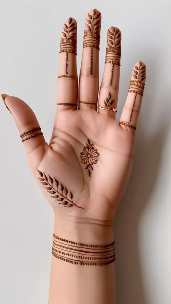 Simple geometric front-hand mehndi design with a mix of triangles and lines