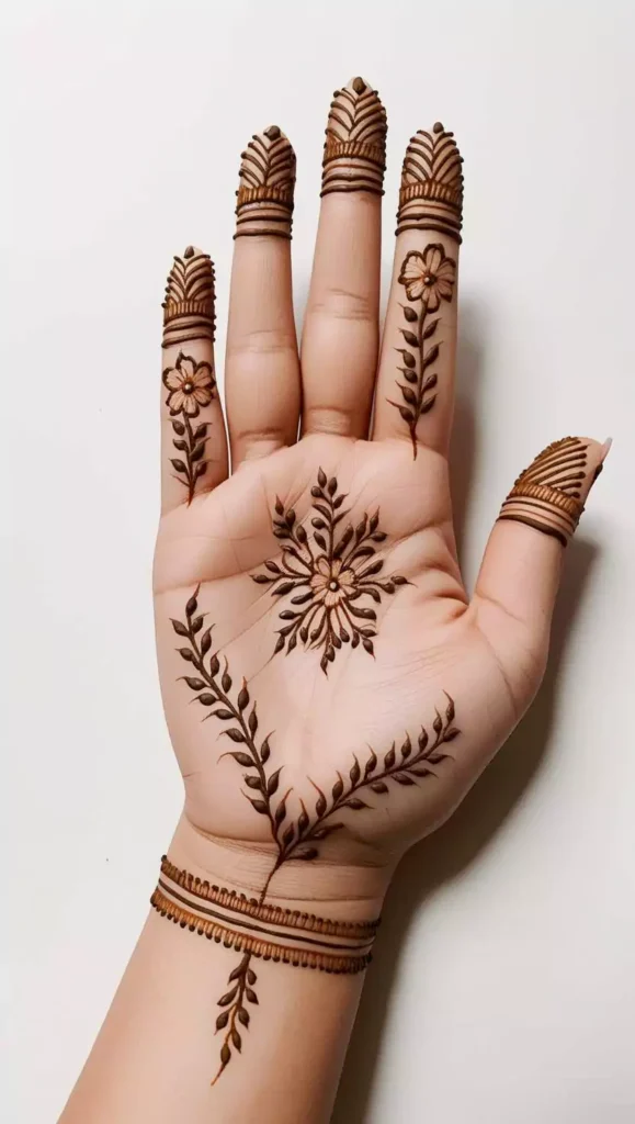 Simple geometric mehndi design with lines and dotted patterns on the front hand