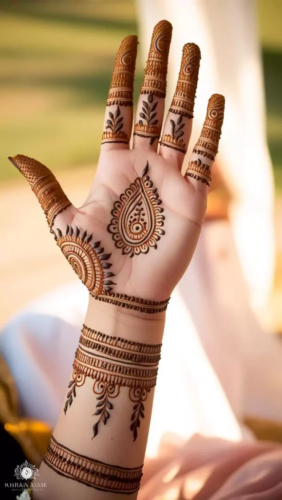 Front-hand mehndi with simple swirls and delicate floral patterns
