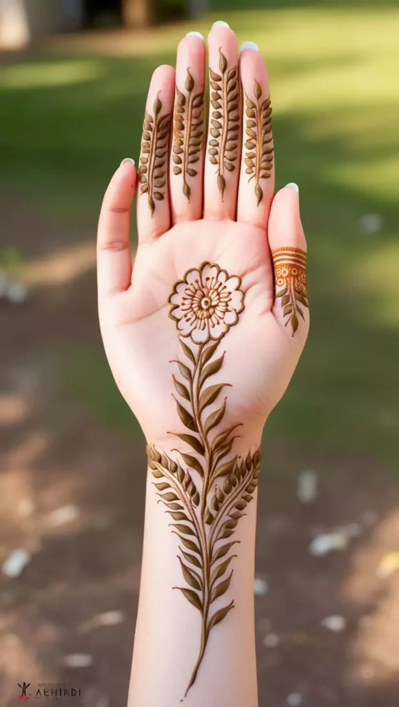 Minimal front-hand mehndi design with geometric patterns and a clean style