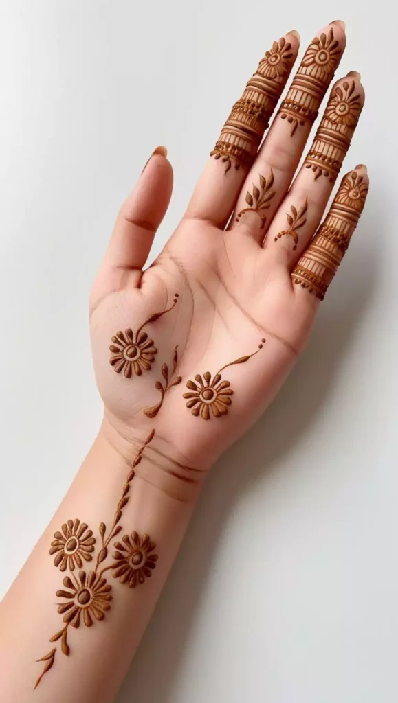 Simple front-hand mehndi featuring fine dotted lines and small floral accents