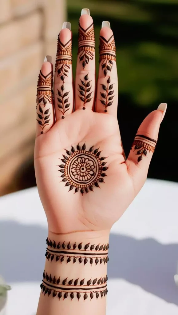 Front-hand mehndi with subtle geometric shapes and curved patterns