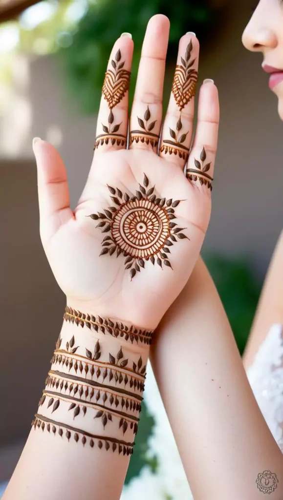 Elegant front-hand mehndi with a combination of clean lines and floral touches