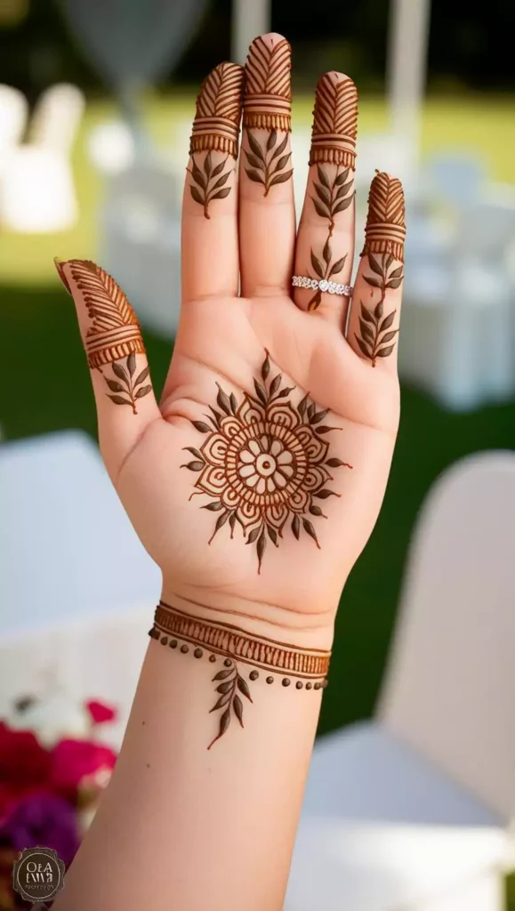 Front-hand mehndi design with simple swirls and subtle floral detailing