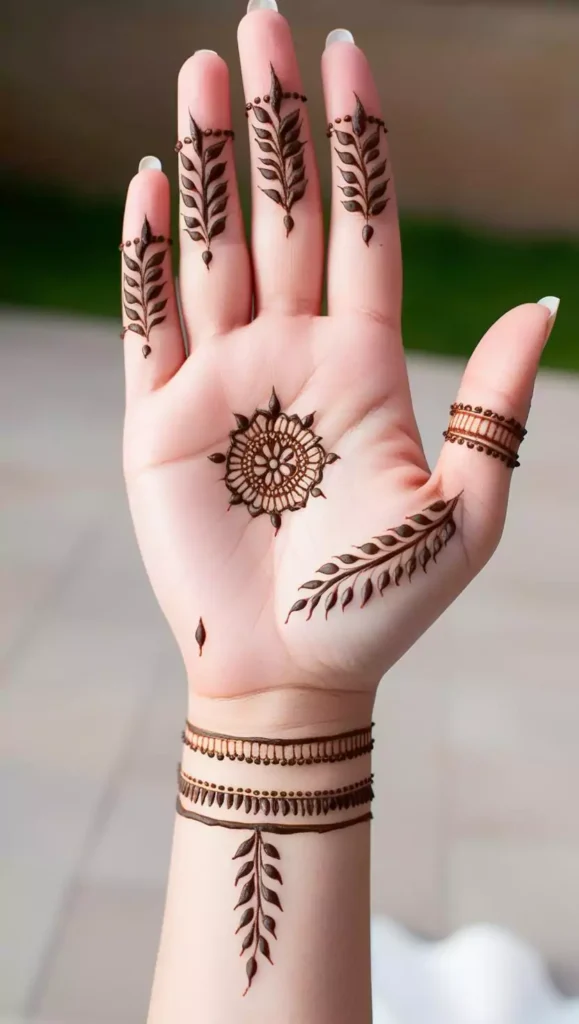 Minimal front-hand mehndi design with curvy strokes and intricate dots