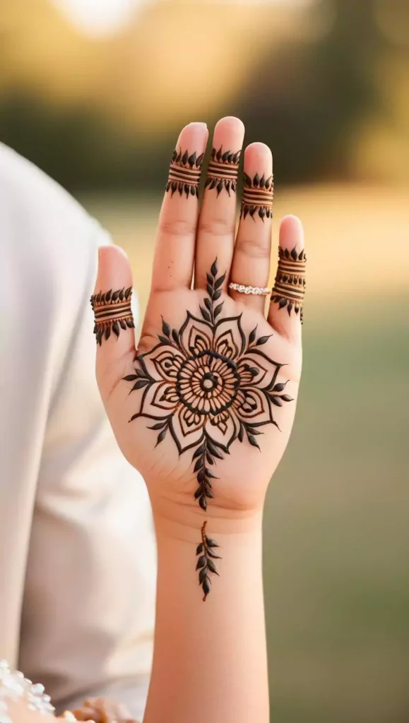 Simple front-hand mehndi design with bold lines and delicate floral elements