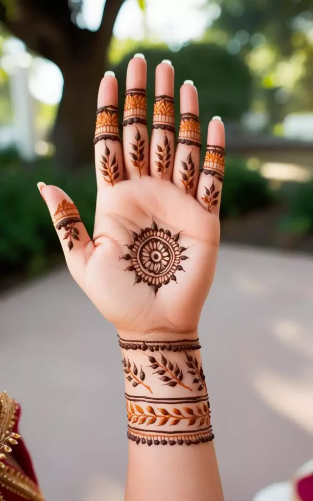 Light, delicate front-hand mehndi design with circular and floral patterns