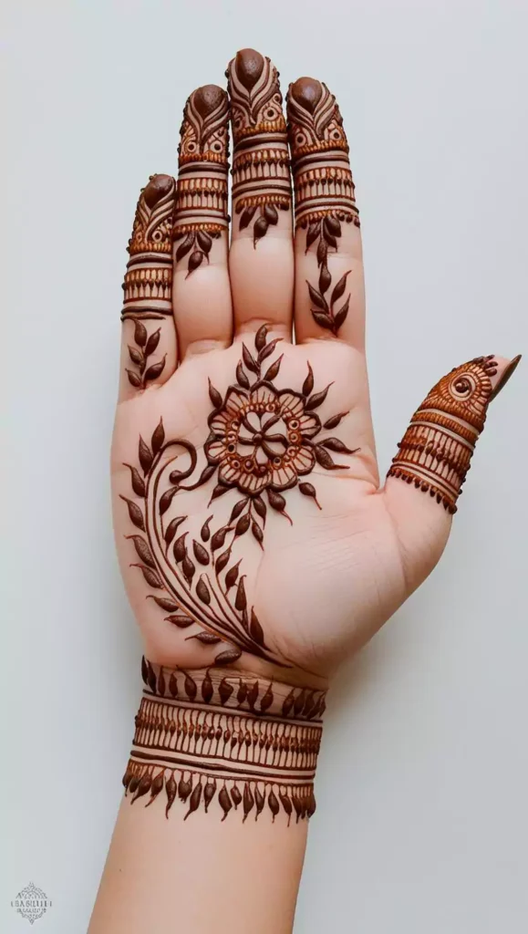 Front-hand mehndi with light, flowing lines and minimal detailing