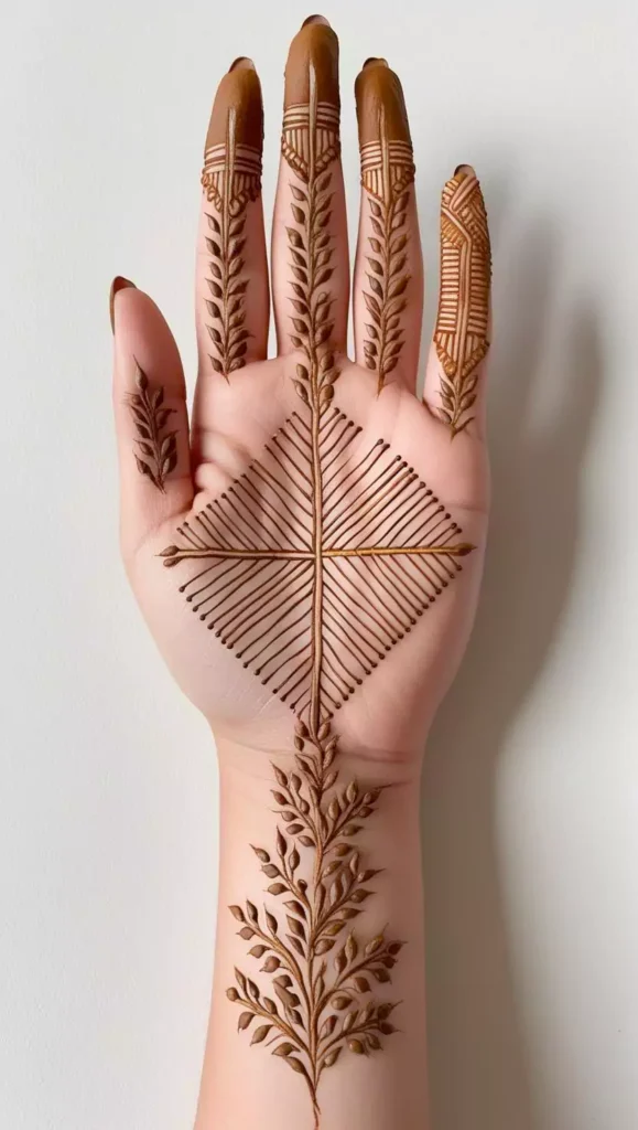 Subtle front-hand mehndi design with gentle curves and small flowers