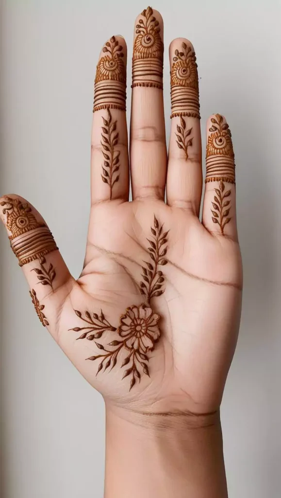Simple front-hand mehndi with delicate leaf motifs and clean lines