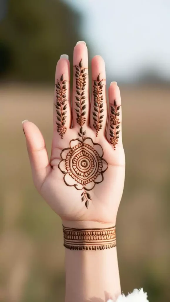 Light front-hand mehndi design with symmetrical curves and floral accents