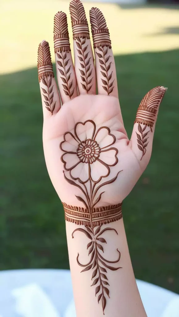 Light and simple front-hand mehndi design with curved patterns and delicate details